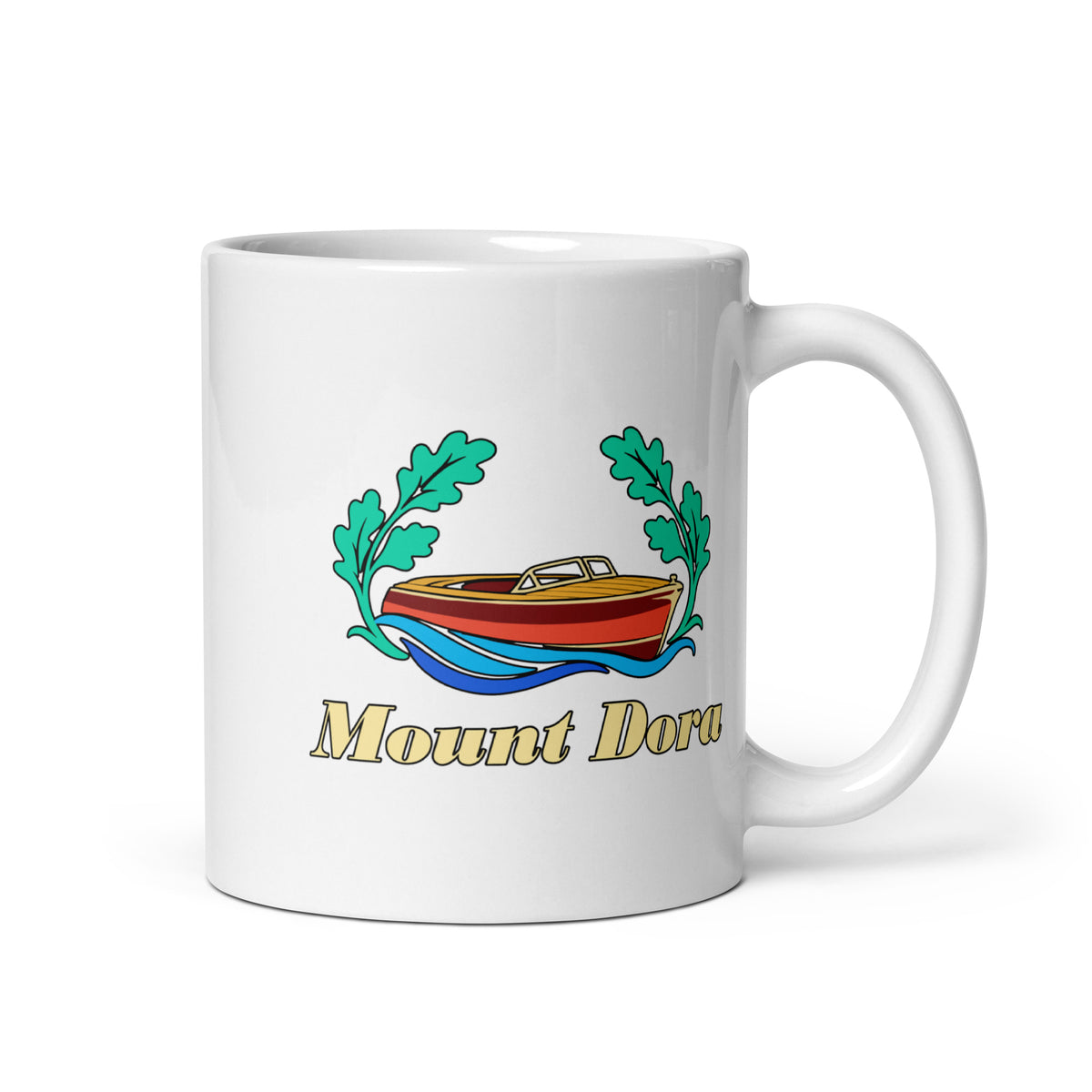 Mount Dora — White mug, 11 oz, right side, logo on both sides