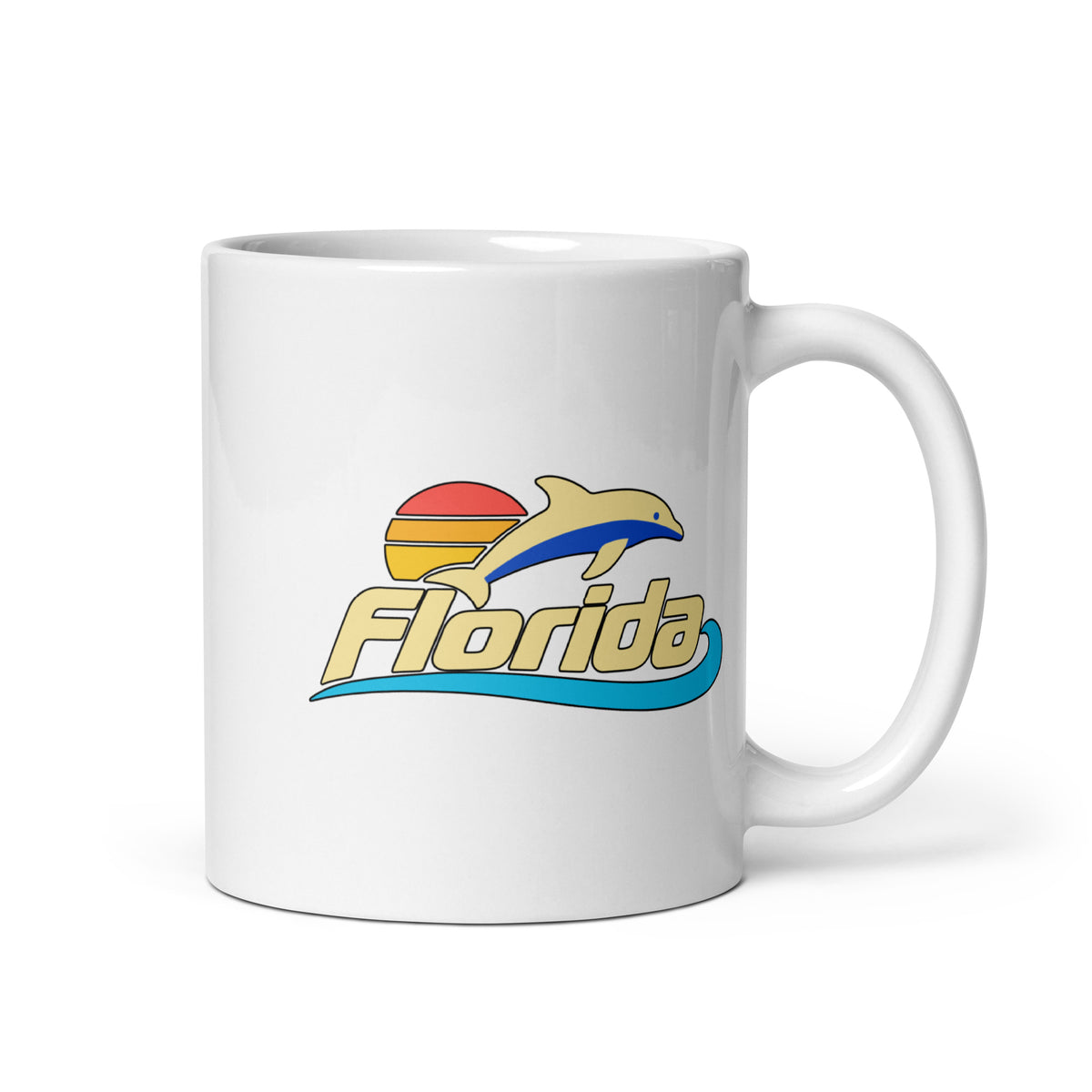 Florida Dolphin Sunset — White mug, 11 oz, right side, logo on both sides