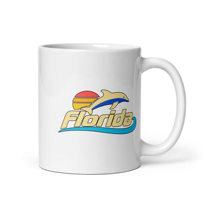 Florida Dolphin Sunset — White mug, 11 oz, right side, logo on both sides