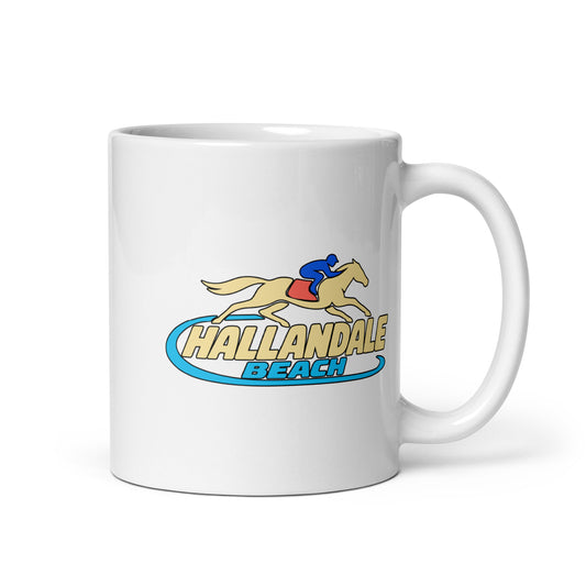 Hallandale Beach — White mug, 11 oz, right side, logo on both sides