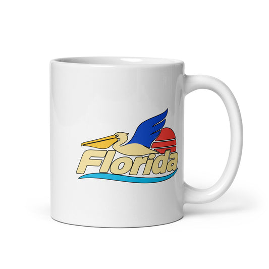 Florida Pelican — White mug, 11 oz, right side, logo on both sides