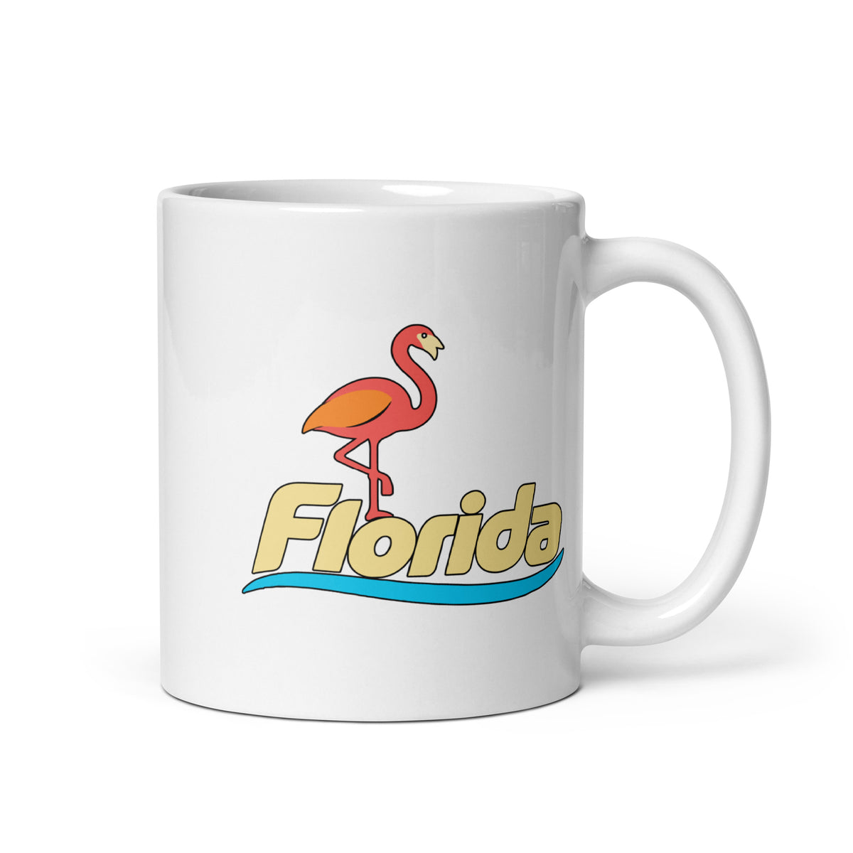 Florida Flamingo — White mug, 11 oz, right side, logo on both sides