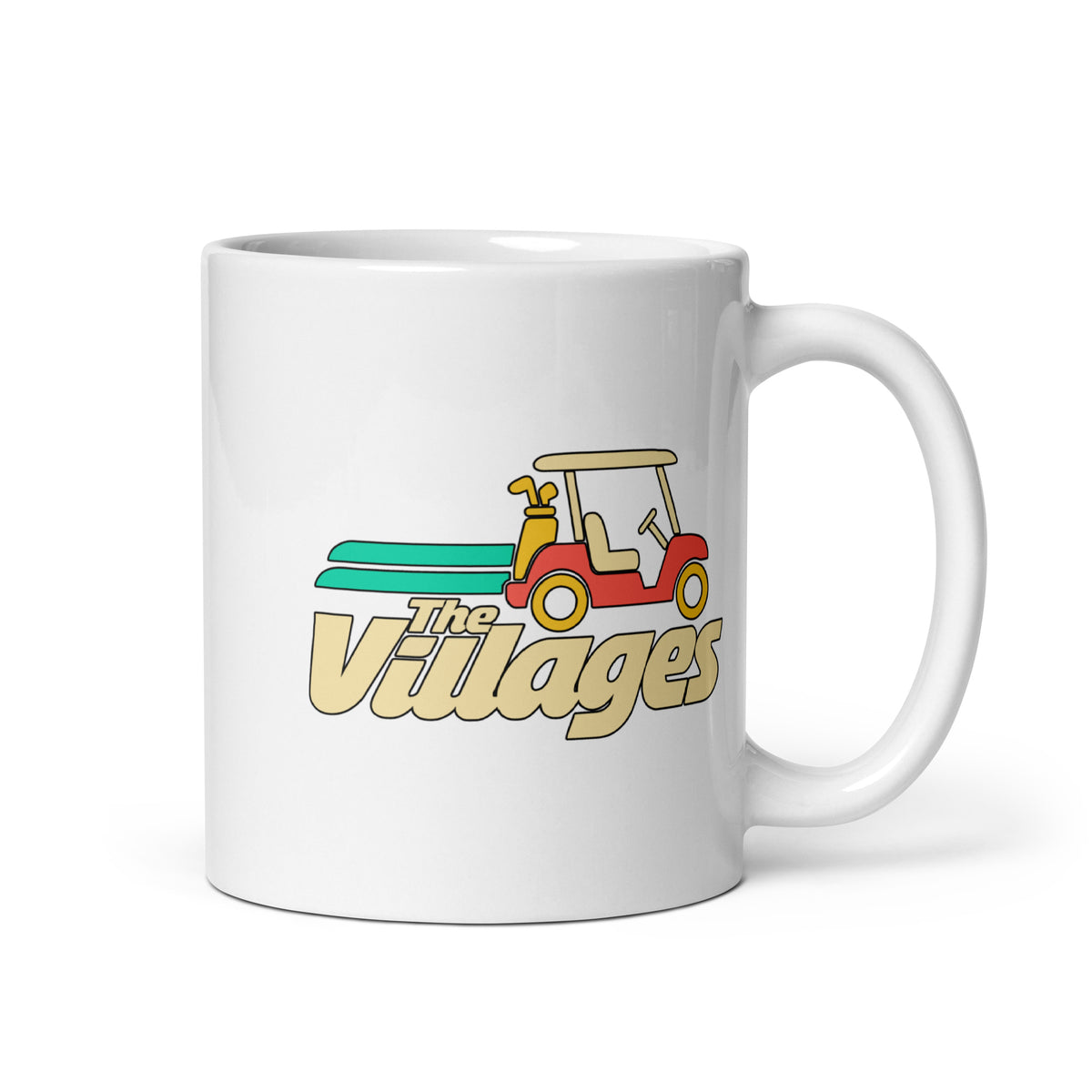 The Villages — White mug, 11 oz, right side, logo on both sides