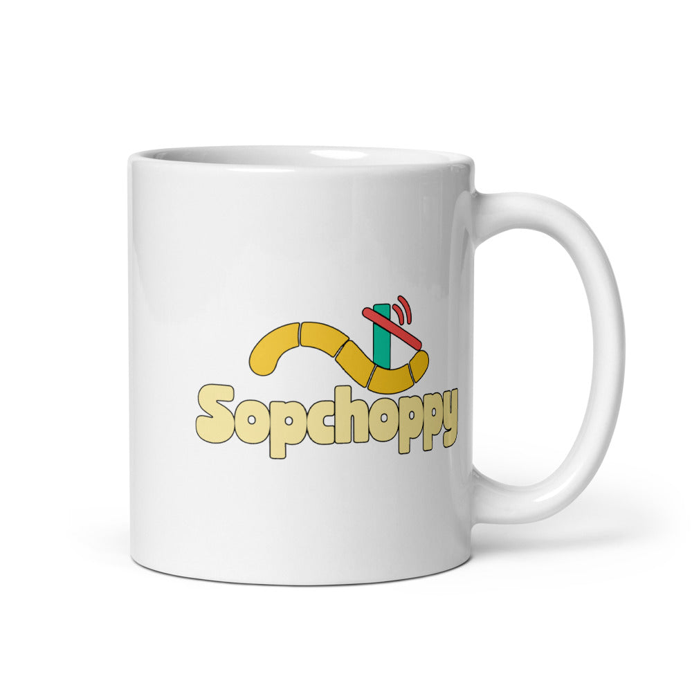 Sopchoppy — white mug, 11 oz, right side, logo on both sides