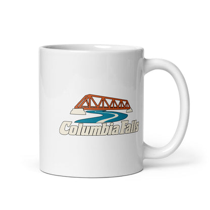 Columbia Falls — white mug, 11 oz, right side, logo on both sides