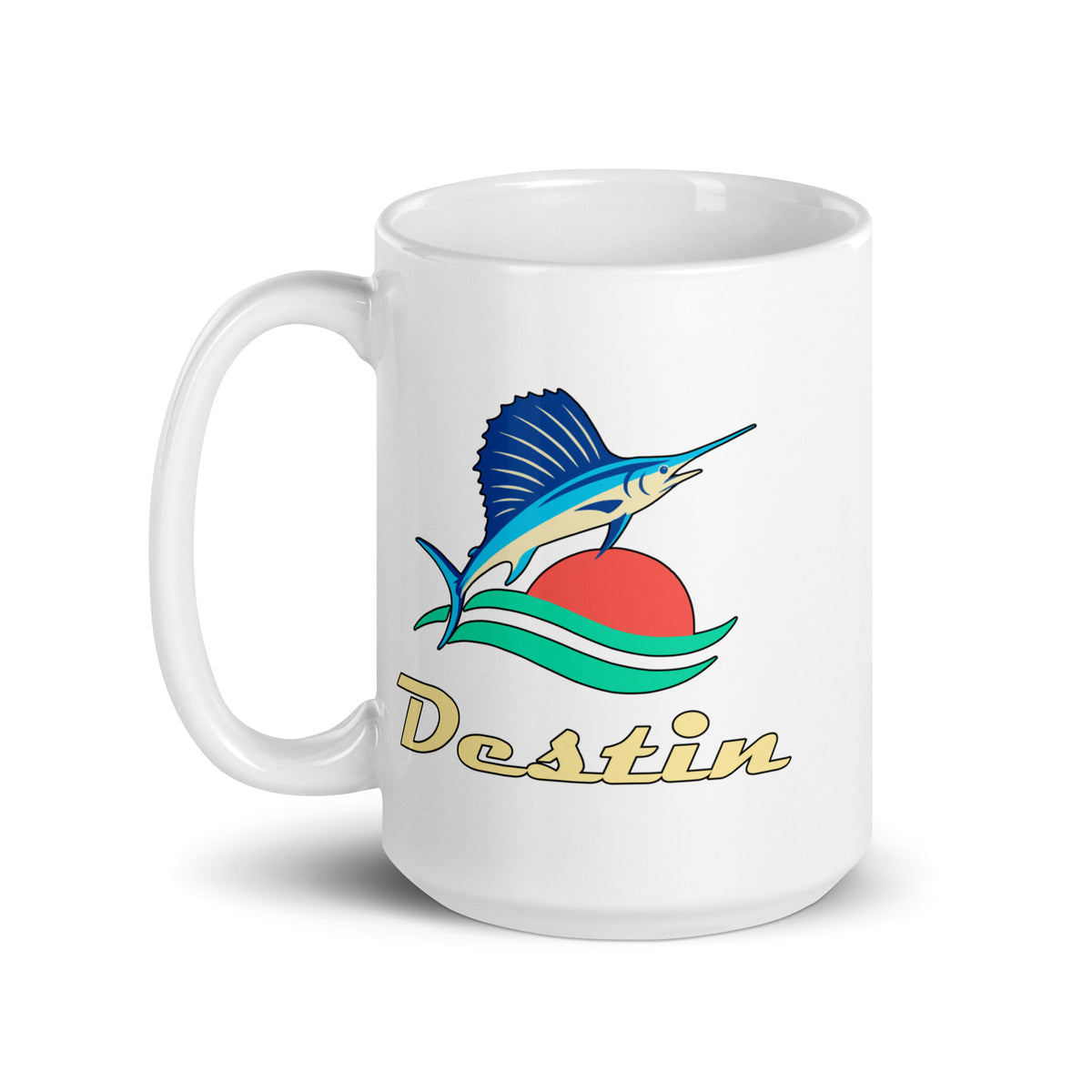 Destin — White mug, 15 oz, left side, logo on both sides
