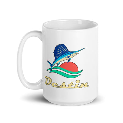 Destin — White mug, 15 oz, left side, logo on both sides