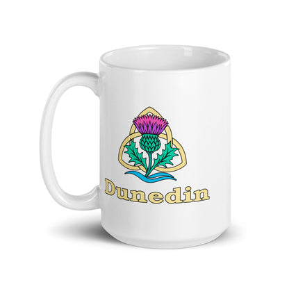 Dunedin — White mug, 15 oz, left side, logo on both sides