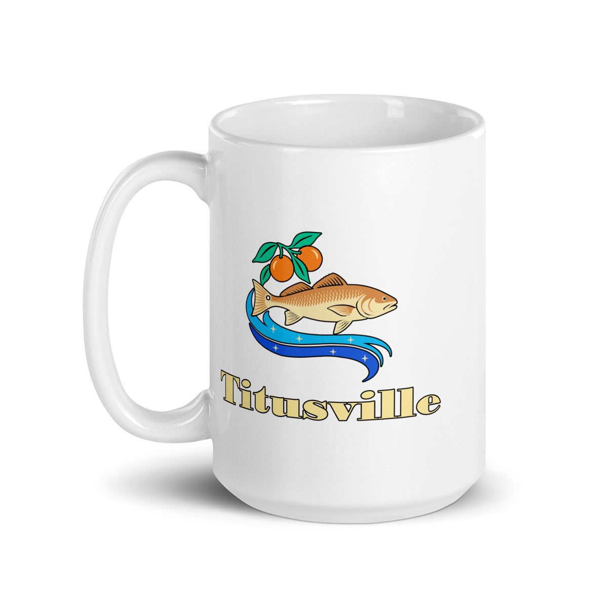 Titusville — White mug, 15 oz, left side, logo on both sides