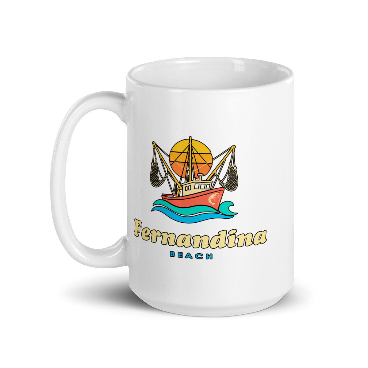 Fernandina Beach — White mug, 15 oz, left side, logo on both sides