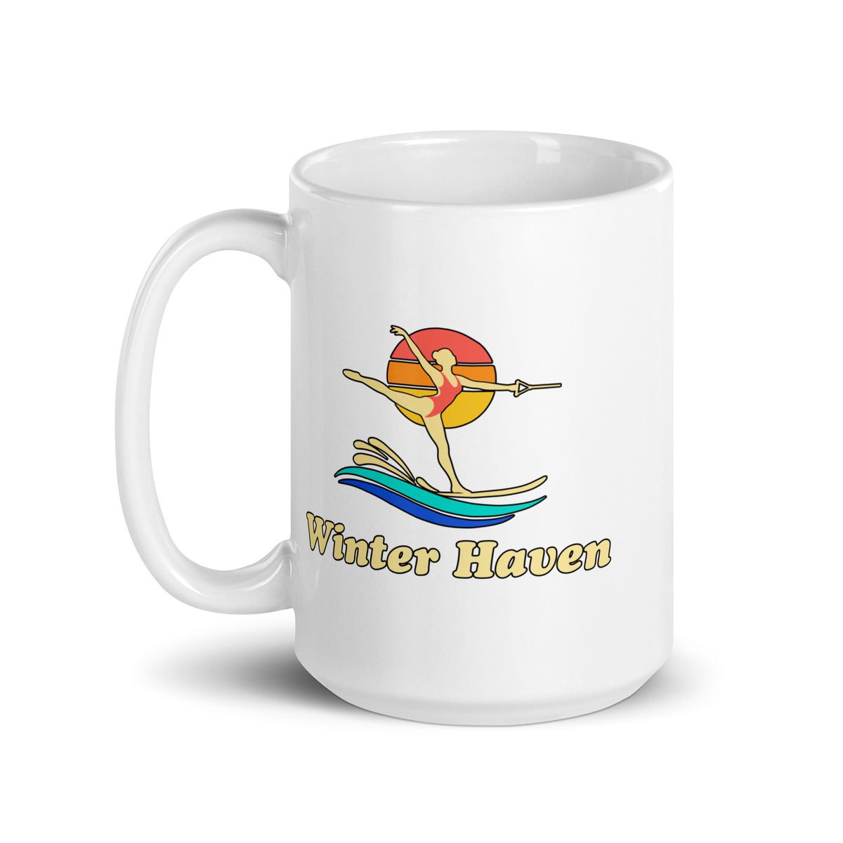 Winter Haven — White mug, 15 oz, left side, logo on both sides