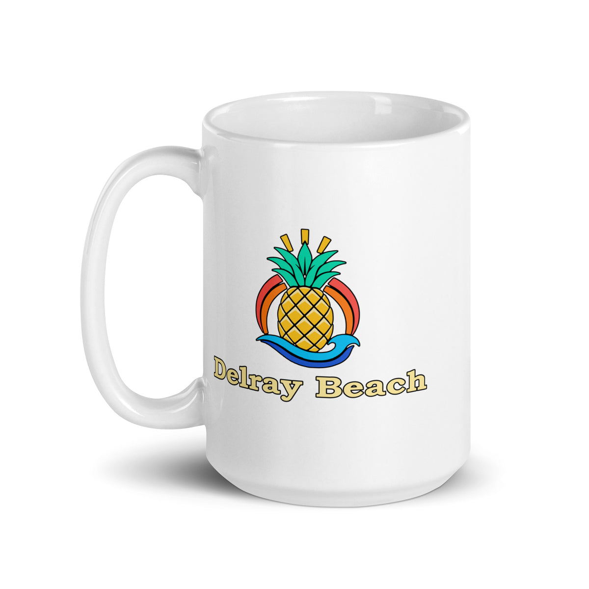 Delray Beach — White mug, 15 oz, left side, logo on both sides