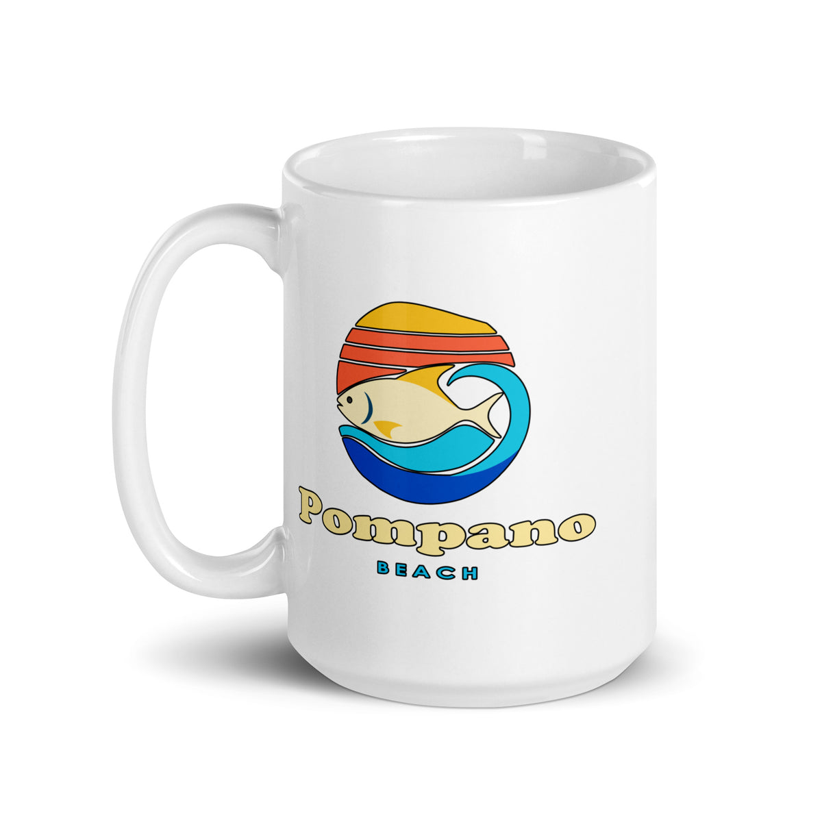 Pompano Beach — White mug, 15 oz, left side, logo on both sides