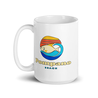 Pompano Beach — White mug, 15 oz, left side, logo on both sides