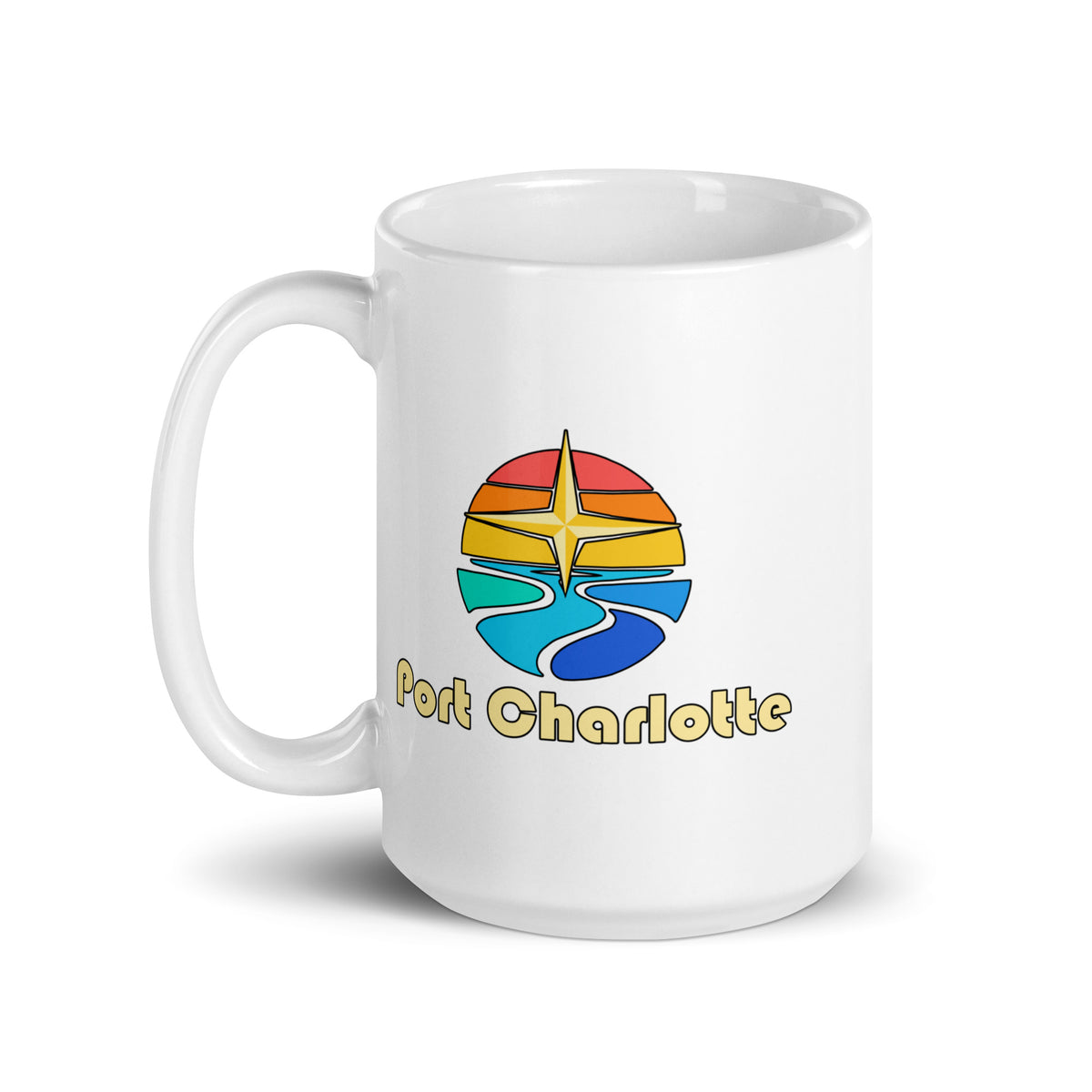 Port Charlotte — White mug, 15 oz, left side, logo on both sides