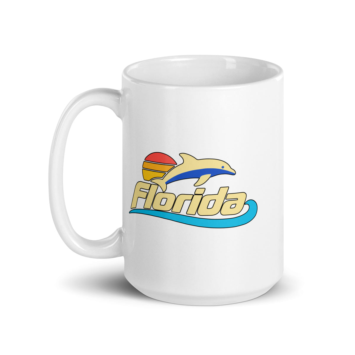 Florida Dolphin Sunset — White mug, 15 oz, left side, logo on both sides
