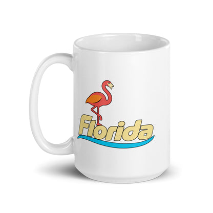 Florida Flamingo — White mug, 15 oz, left side, logo on both sides