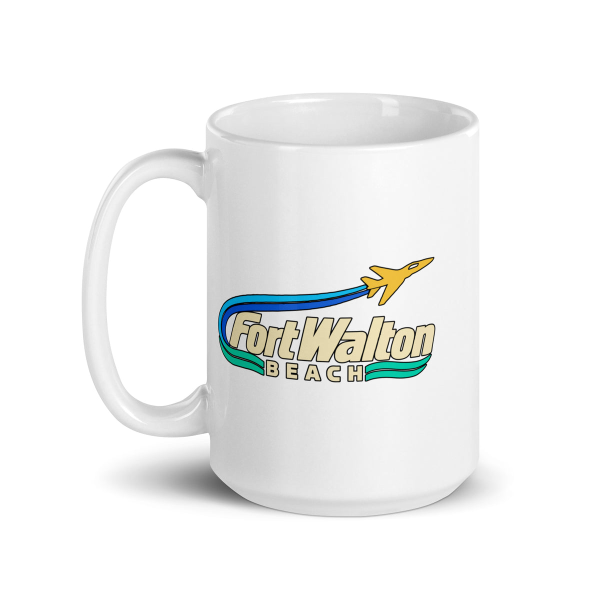 Fort Walton Beach — White mug, 15 oz, left side, logo on both sides