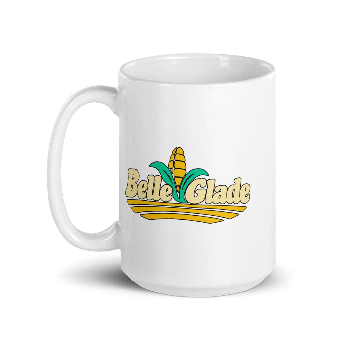 Belle Glade — White mug, 15 oz, left side, logo on both sides