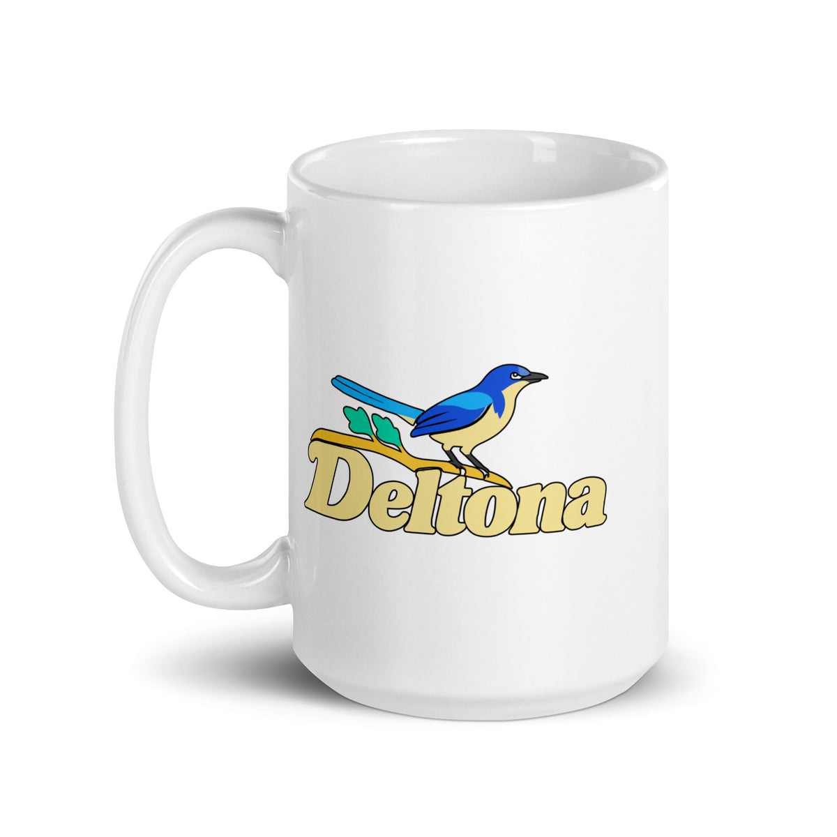 Deltona — White mug, 15 oz, left side, logo on both sides