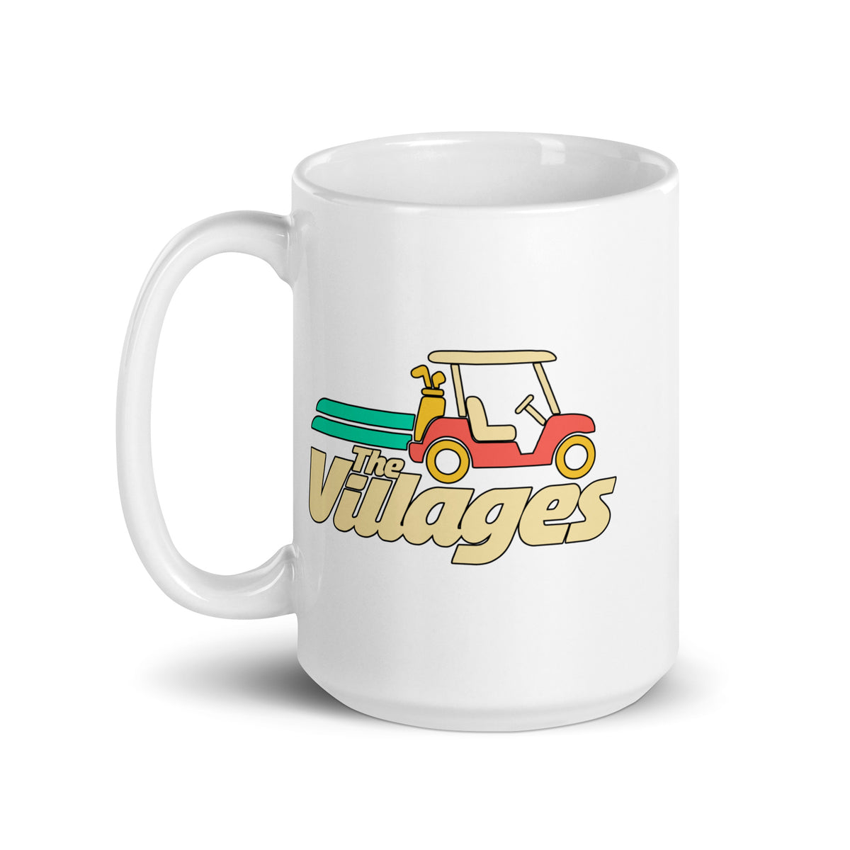 The Villages — White mug, 15 oz, left side, logo on both sides