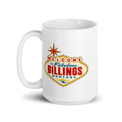 Billings - Welcome Sign — white mug, 15 oz, left side, logo on both sides
