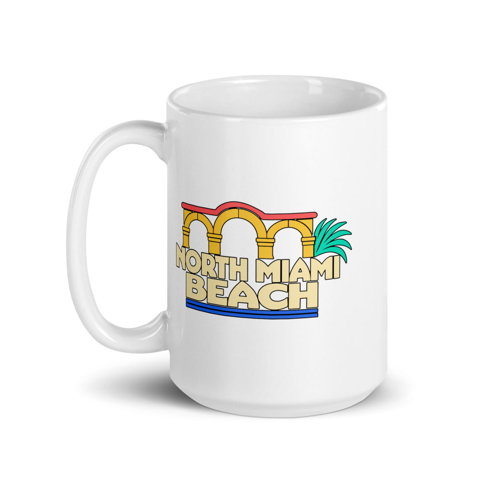 North Miami Beach — white mug, 15 oz, left side, logo on both sides