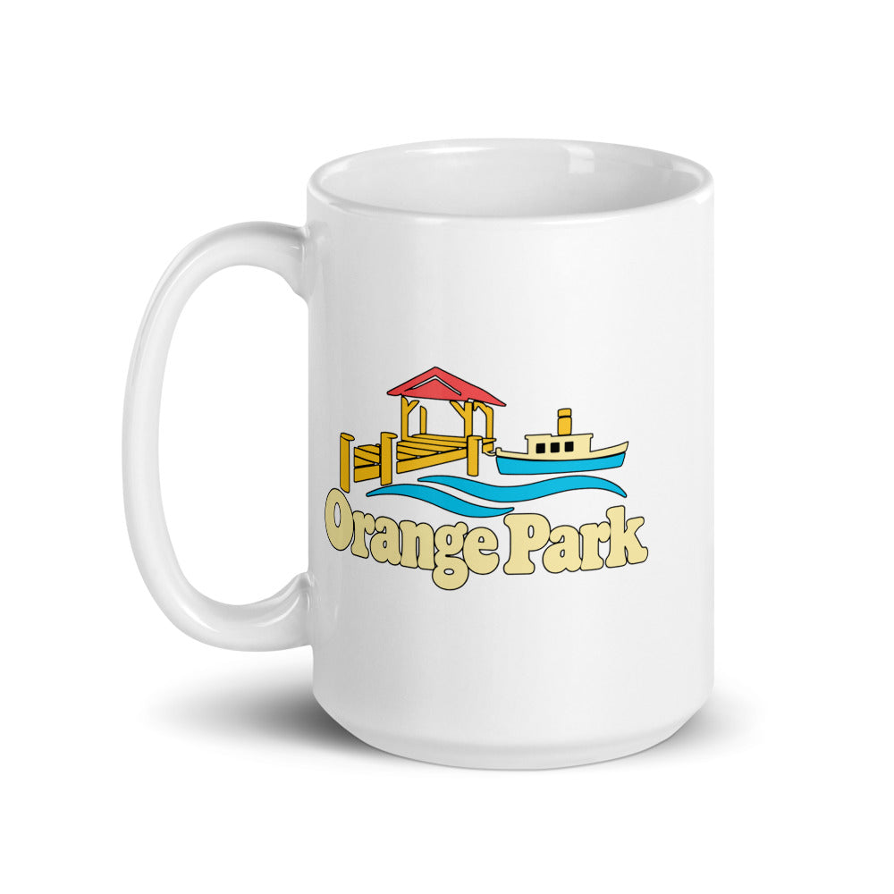 Orange Park — white mug, 15 oz, left side, logo on both sides