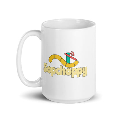 Sopchoppy — white mug, 15 oz, left side, logo on both sides