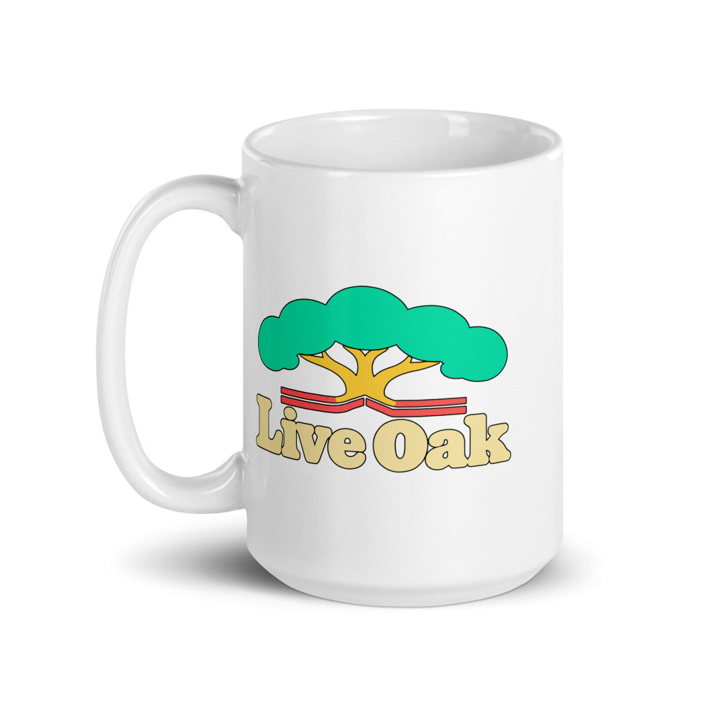 Live Oak — white mug, 15 oz, left side, logo on both sides