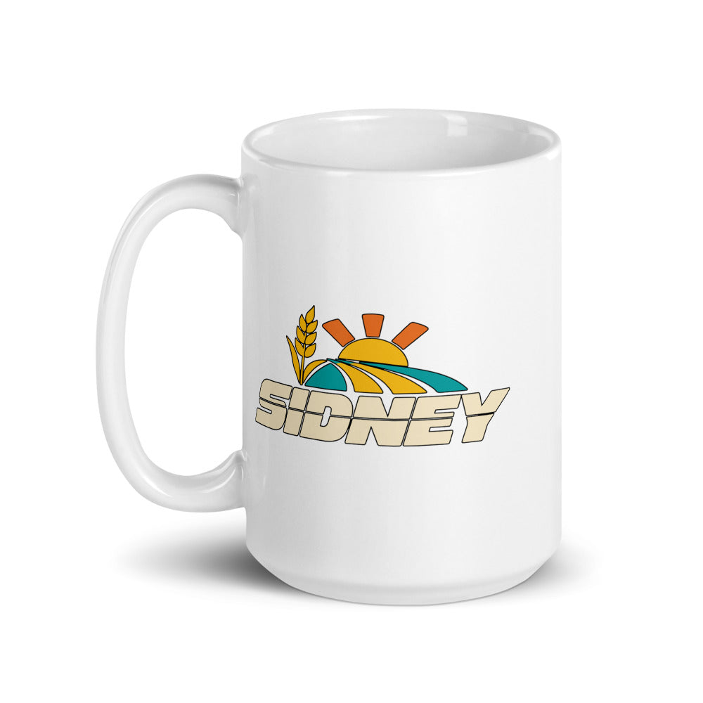 Sidney — white mug, 15 oz, left side, logo on both sides
