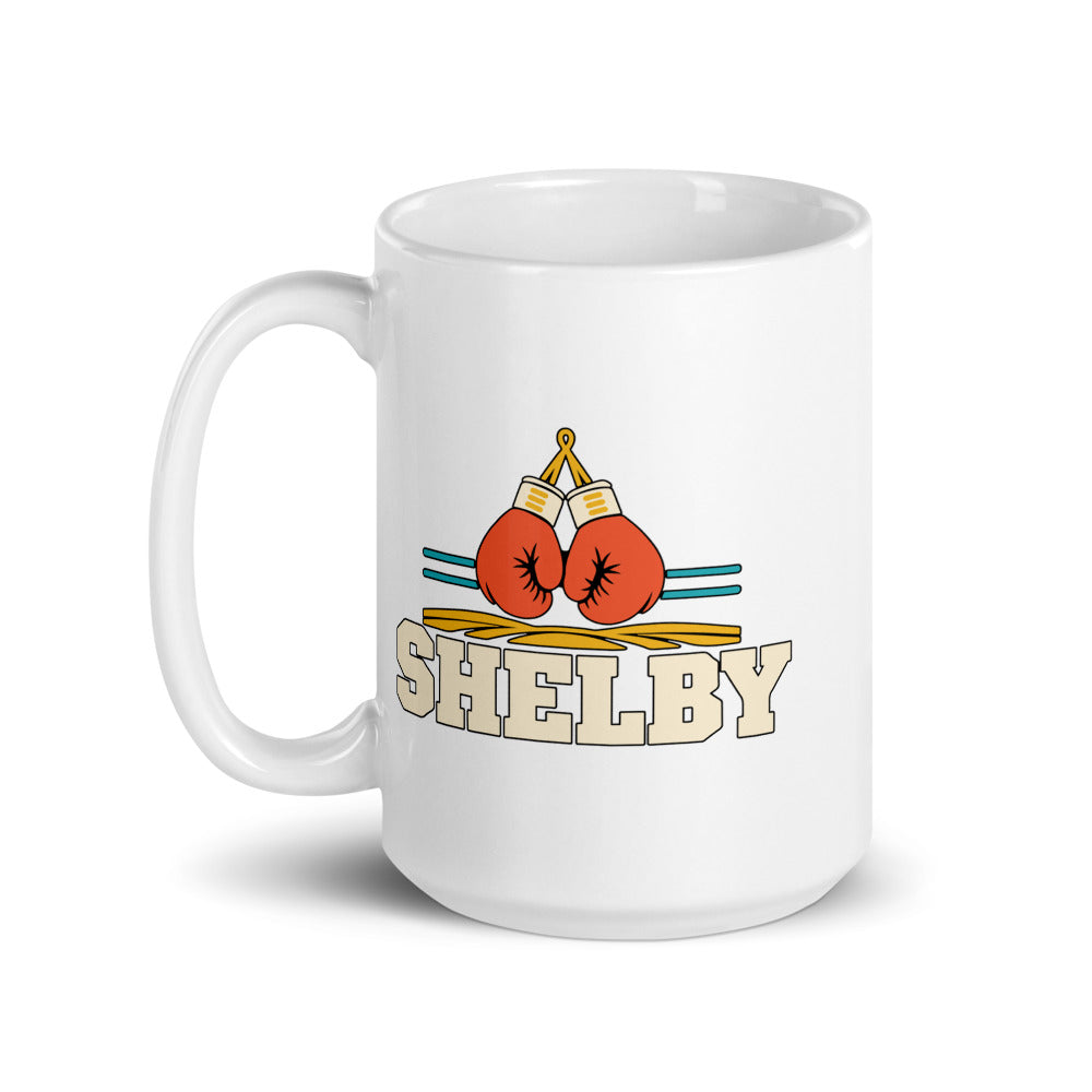 Shelby — white mug, 15 oz, left side, logo on both sides
