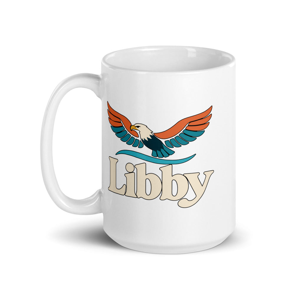 Libby — white mug, 15 oz, left side, logo on both sides