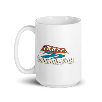 Columbia Falls — white mug, 15 oz, left side, logo on both sides