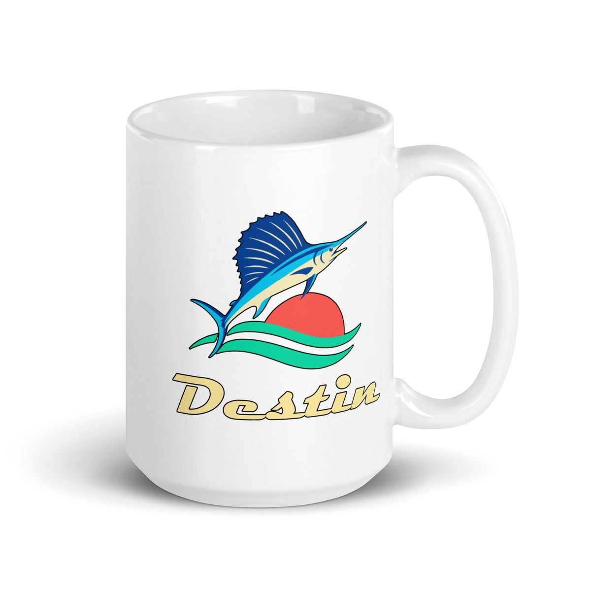 Destin — White mug, 15 oz, right side, logo on both sides