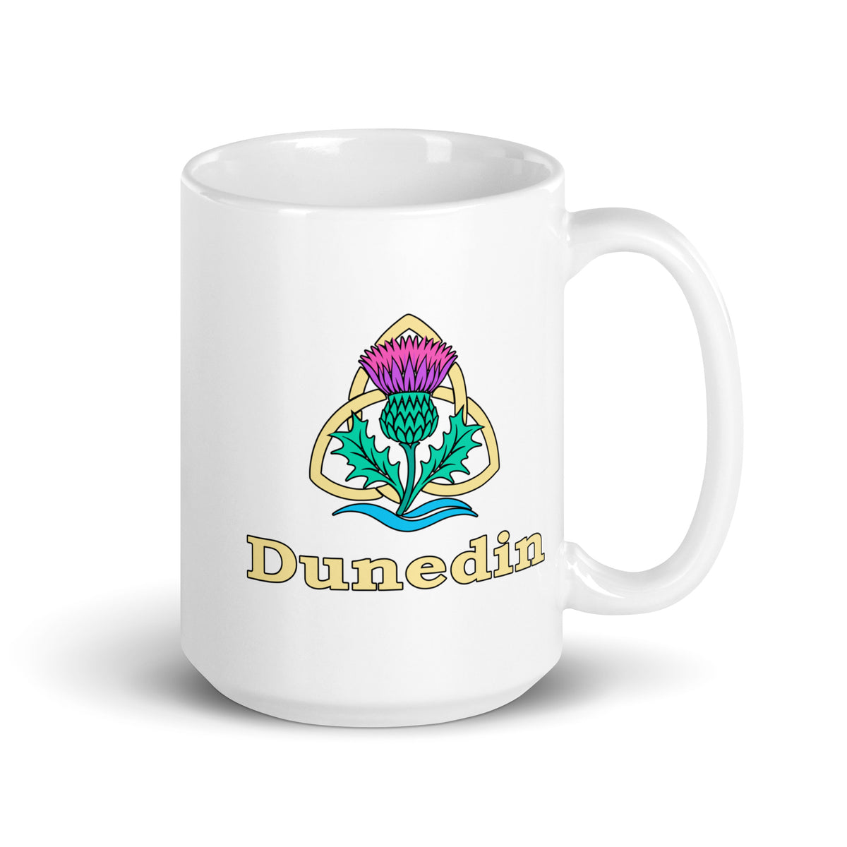 Dunedin — White mug, 15 oz, right side, logo on both sides