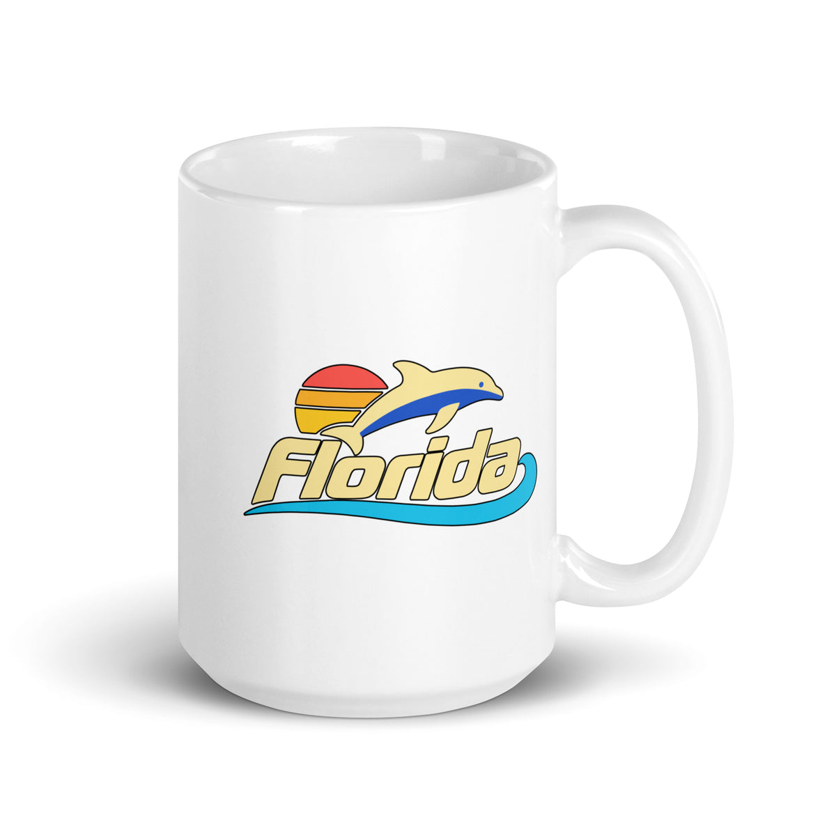 Florida Dolphin Sunset — White mug, 15 oz, right side, logo on both sides