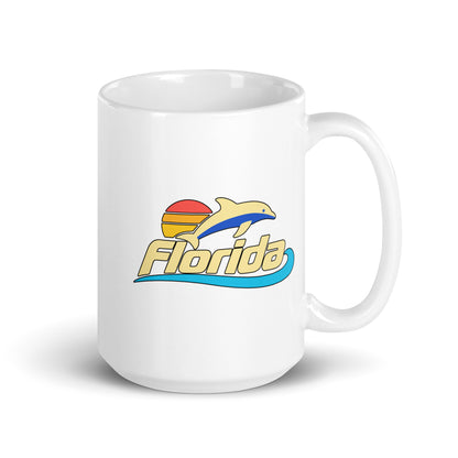 Florida Dolphin Sunset — White mug, 15 oz, right side, logo on both sides