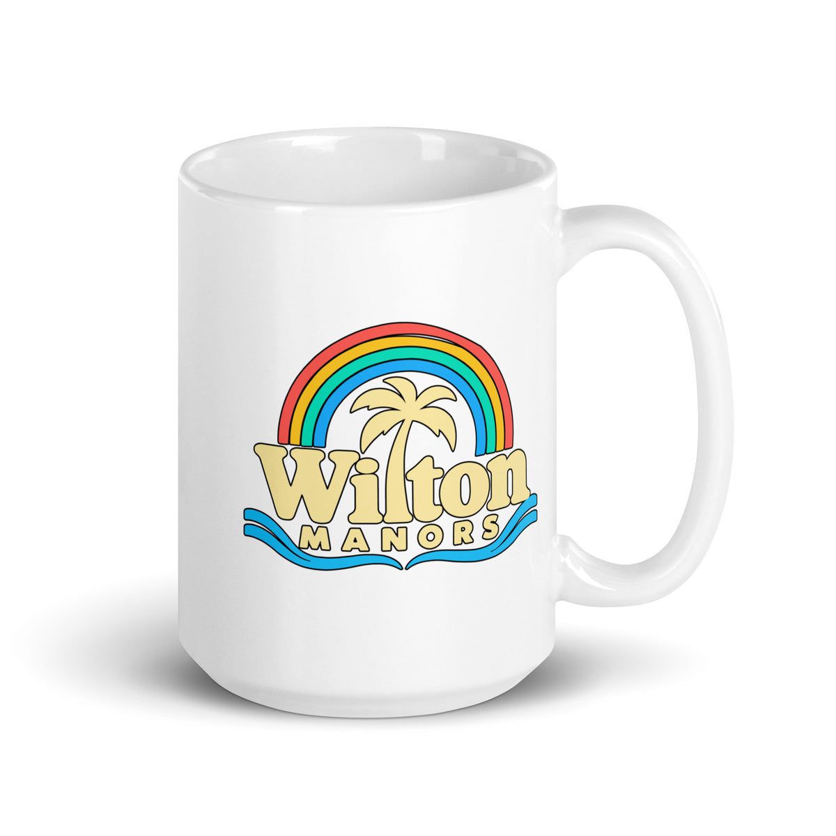 Wilton Manors — White mug, 15 oz, right side, logo on both sides