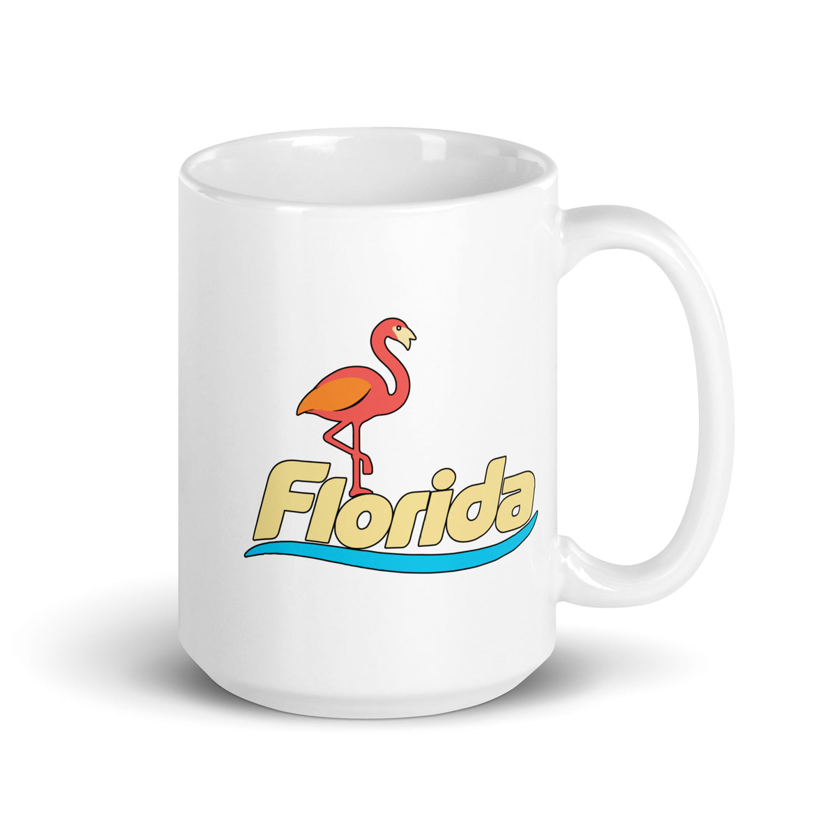 Florida Flamingo — White mug, 15 oz, right side, logo on both sides