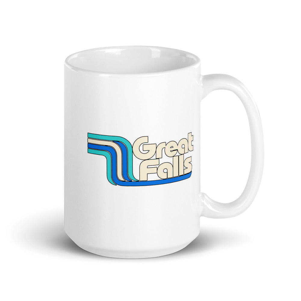 Great Falls — white mug, 15 oz, right side, logo on both sides
