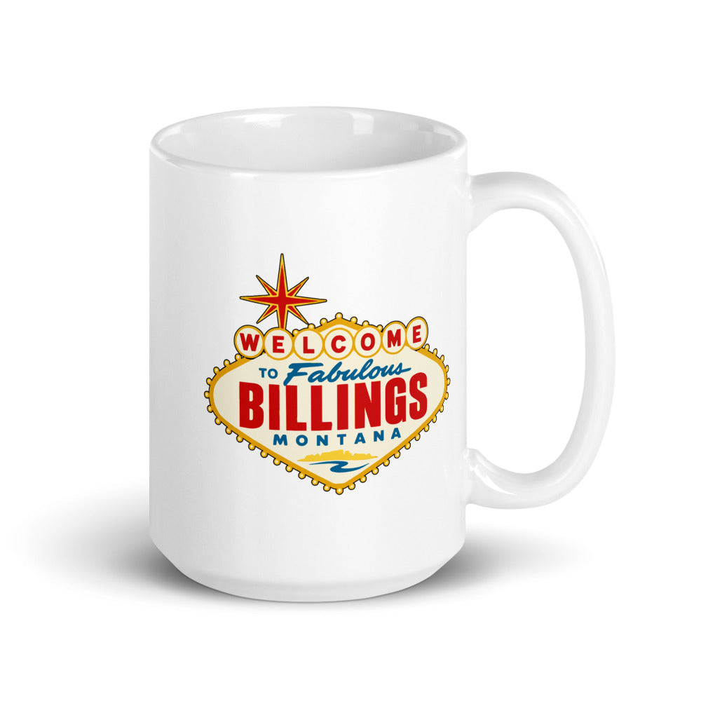 Billings - Welcome Sign — white mug, 15 oz, right side, logo on both sides