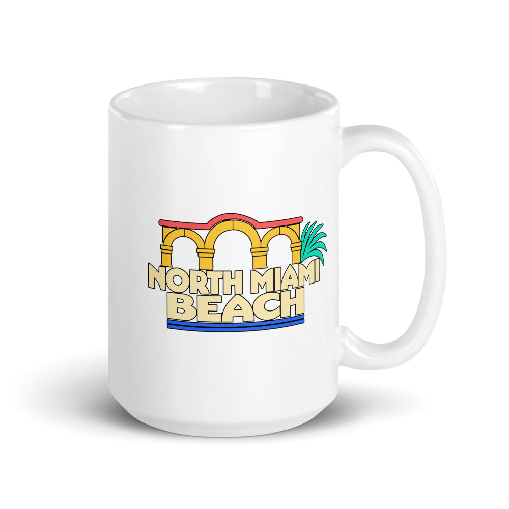 North Miami Beach — white mug, 15 oz, right side, logo on both sides