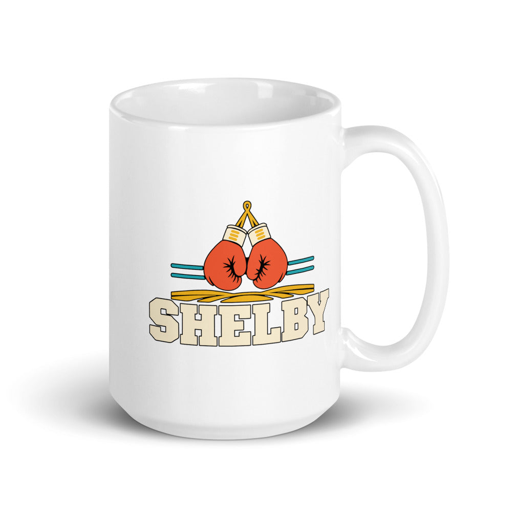 Shelby — white mug, 15 oz, right side, logo on both sides