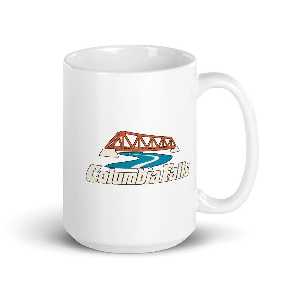 Columbia Falls — white mug, 15 oz, right side, logo on both sides